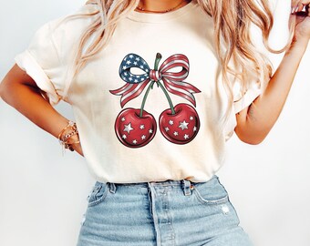 Comfort Colors® 4th of July Shirt, Coquette American Flag Shirt, USA Bow Shirt, USA Cherry Shirt, Women Patriotic Shirt, Red White and Blue