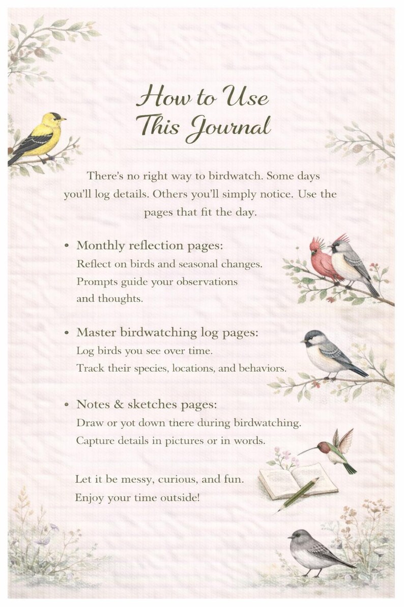 Watercolor Birding Journal | Monthly Reflections, Log Pages (PDF ...