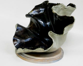 Black Ceramic Abstract Sculpture: Handmade Stoneware Clay Art