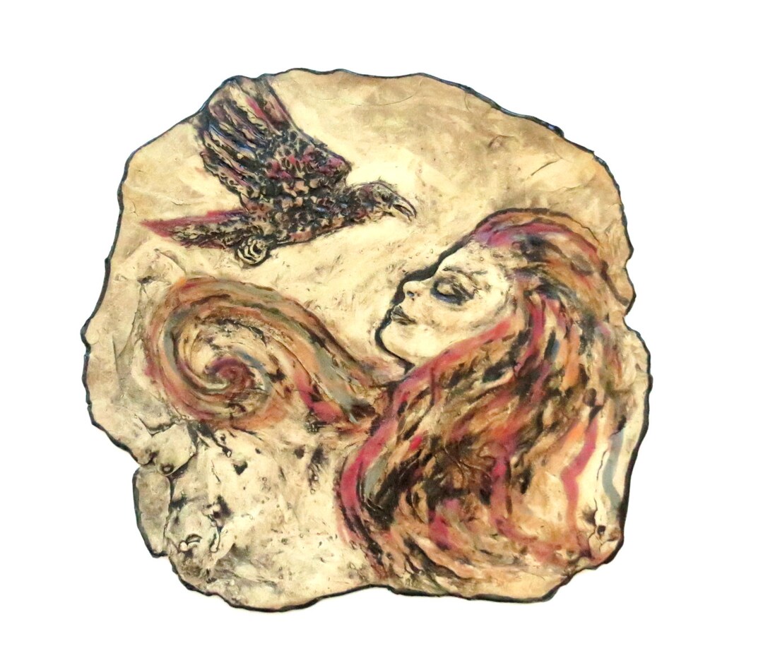 Ceramic Fantasy Wall Hanging Girl and Crow Clay Wall Decor Goth Home