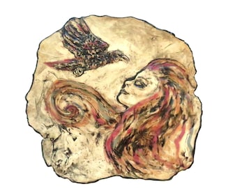 Ceramic Wall Hanging: Goth Girl and Crow, Fine Art Decor