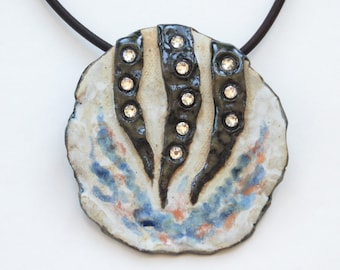 Statement Ceramic Necklace, Swarovski Crystals, Black and White Wearable Art
