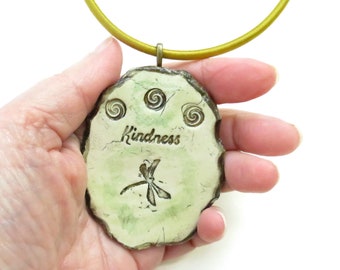 Earthy Ceramic Pendant Dragonfly Clay  Necklace Rustic Jewelry TV Kindness Imprint Choker