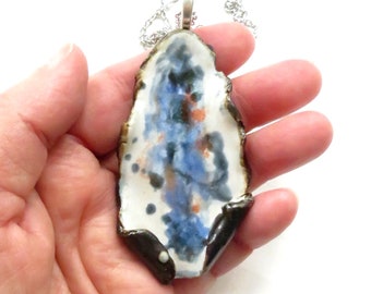 Abstract Ceramic Pendant Sculpted Clay Necklace Rustic Contemporary Jewelry  Blue White Black Pottery Choker