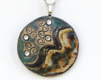 Ceramic and Crystal Pendant Necklace: Earth Tone Pottery Jewelry