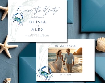 Elegant Coastal Crab Beach Wedding Save the Date Photo Card, Editable DIY Canva Pro Required Template, Printable Maryland Wedding Stationery