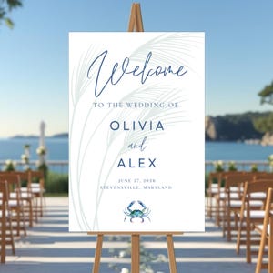Plantilla de letrero de bienvenida para boda en la playa con cangrejo azul del Atlántico, letrero de bienvenida imprimible para ceremonia de boda en la bahía de Chesapeake, Canva Pro editable