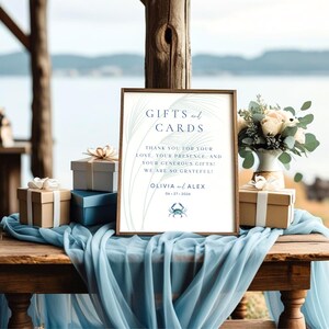 Plantilla de letrero para regalos y tarjetas de boda en la playa del cangrejo azul del Atlántico, letrero imprimible para regalos y tarjetas de boda en la bahía de Chesapeake, Canva Pro editable.
