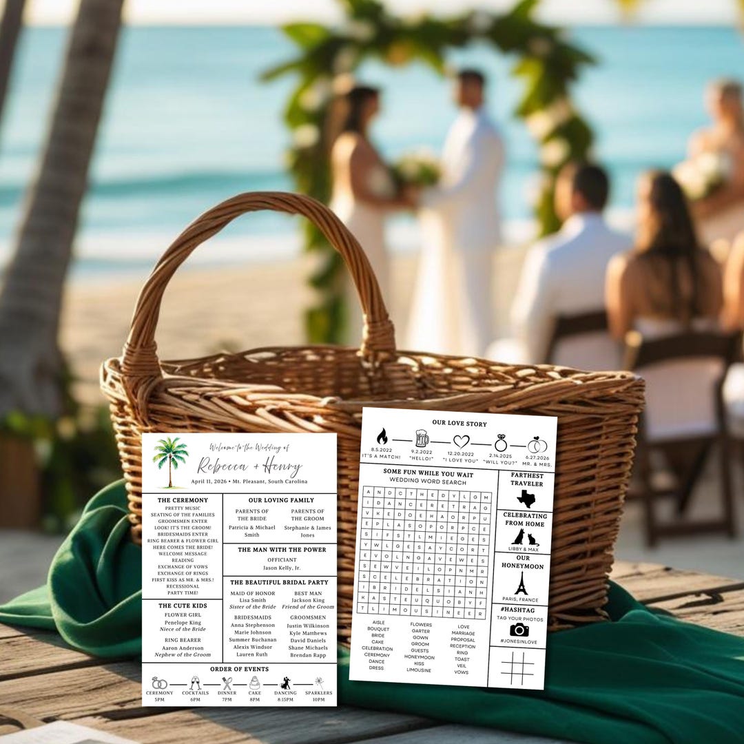 Tropical Destination Wedding Program, Editable Palm Tree Printable ...