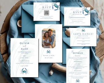 Elegant Coastal Crab Beach Wedding Invitation Photo Set Bundle Suite, Editable Canva Pro Template, Printable Dusty Blue Wedding Stationery
