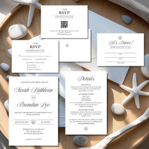 Seashell minimalistische huwelijksuitnodiging suite digitale sjablonen, Canva Beach huwelijksuitnodiging Details kaartsjabloon RSVP liedverzoek