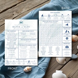 May include: Wedding invitation with a blue crab graphic. The invitation lists the wedding details for Olivia and Alex, including the ceremony, bridal party, and order of events. The back includes a word search.