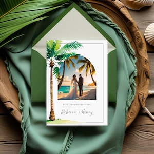 Matrimonio a destinazione tropicale, modello per biglietto di ringraziamento, carta da lettere modificabile con palme per matrimonio in spiaggia, stampabile con foto, richiesto Canva Pro
