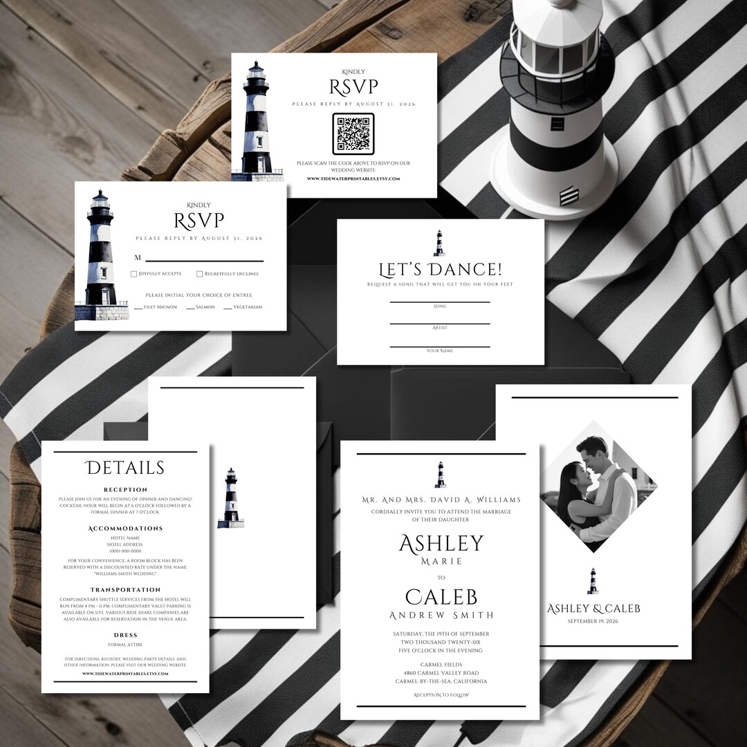 Coastal Lighthouse Wedding Invitation Set: Elegant Black & White ...