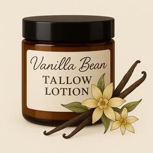 May include: A brown glass jar with a black lid, labeled "Vanilla Bean Tallow Lotion." The label is white with black text. Vanilla bean pods, flowers, and green leaves are arranged beside the jar, suggesting a natural skincare product.