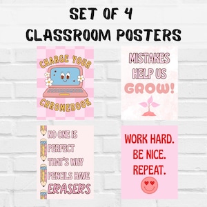 Retro Classroom Poster Set - Classroom Decor, Cute Posters, Inspirational Posters, Retro Wall Art, Teacher Posters, Pink Classroom Posters