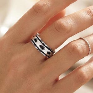 925 Sterling Silver Wide Band Ring, Oxidized Tribal Ring, Rope Edge Ring, Handmade Silver Statement Ring, Boho Unisex Jewelry