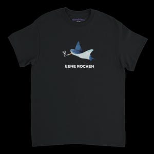 May include: Black t-shirt with a cartoon stingray smoking a cigarette. The stingray is white and blue, with the text "EENE ROCHEN" below the graphic. The brand name "Naughtees" is printed on the collar.