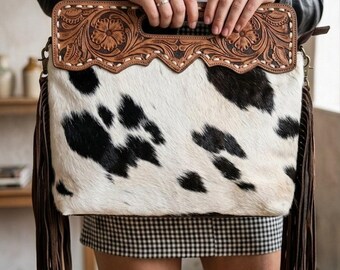 Hand-Tooled Floral Cowhide Leather Handbag, Boho Western Shoulder Bag