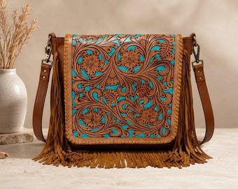 Hand Tooled Leather Crossbody Bag, Turquoise Inlay, Western Boho Fringe Purse
