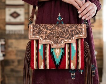 Western Leather Fringe Purse - Southwestern Crossbody Bag - Hand-Tooled Floral Boho Handbag