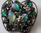 Vintage signed Triad (Canada) art glass and green crystal apple shape brooch