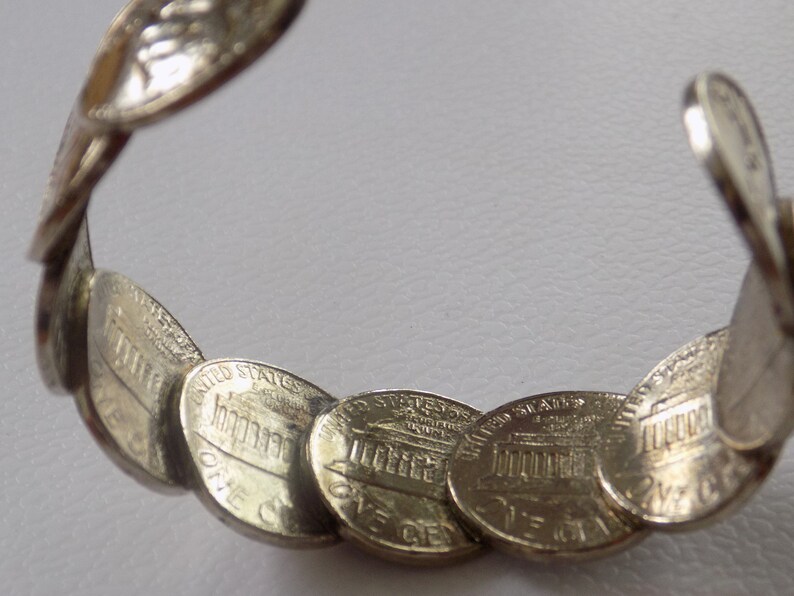 coin bracelet,1963 silver coated US pennies soldered together to create an open cuff bracelet,4 /& 12 inch cuff Vintage bracelet