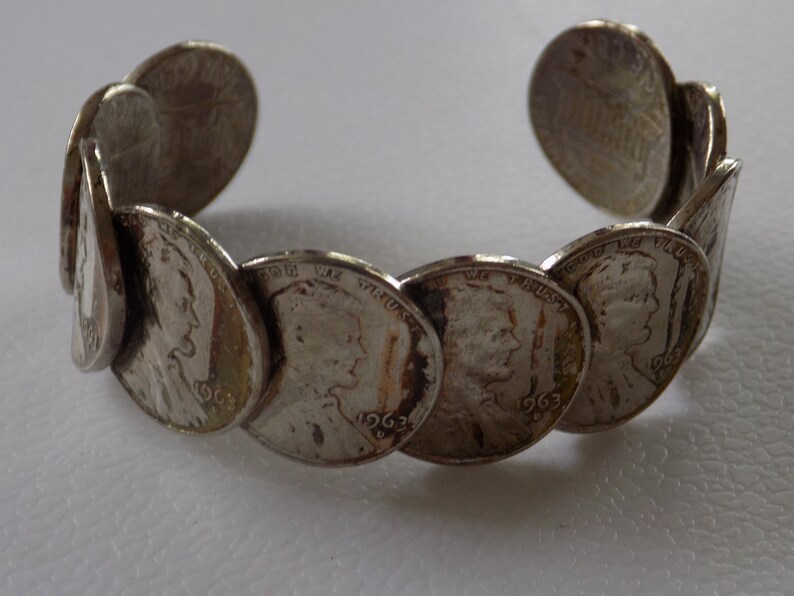 coin bracelet,1963 silver coated US pennies soldered together to create an open cuff bracelet,4 /& 12 inch cuff Vintage bracelet