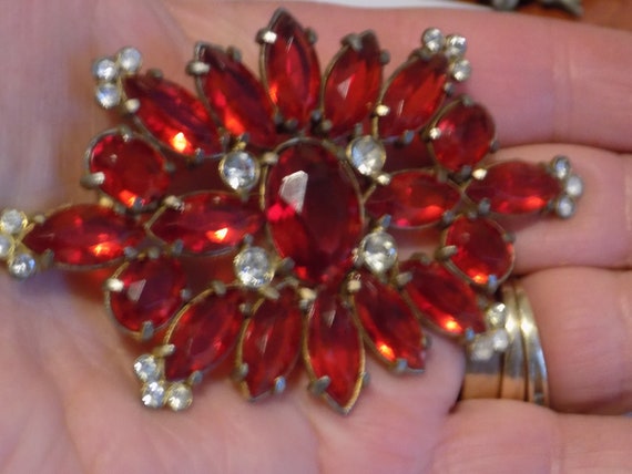 Antique red crystal brooch, 1940's brooch,large st