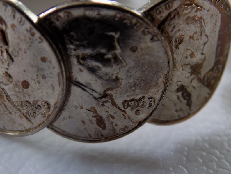 coin bracelet,1963 silver coated US pennies soldered together to create an open cuff bracelet,4 /& 12 inch cuff Vintage bracelet