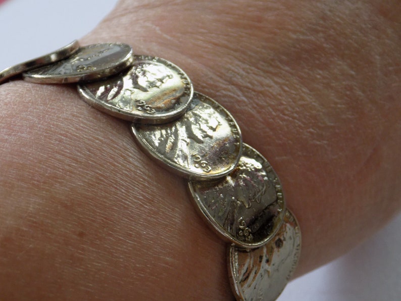 coin bracelet,1963 silver coated US pennies soldered together to create an open cuff bracelet,4 /& 12 inch cuff Vintage bracelet