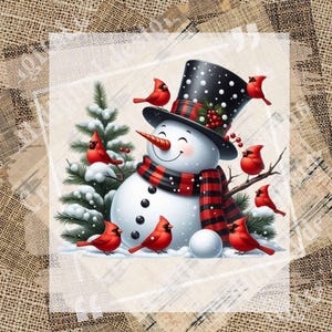 May include: A cheerful snowman wearing a black top hat with white polka dots and a red and black plaid scarf. Red cardinals perch on the snowman, a snow-covered evergreen tree, and a branch. A white snowball sits at the base of the snowman.