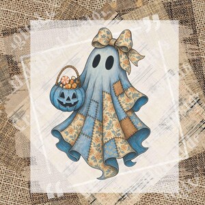 May include: A whimsical illustration of a ghost in a blue patchwork outfit, holding a blue pumpkin basket filled with candy. The ghost has a large bow and black oval eyes. The patchwork includes floral patterns and brown accents, perfect for Halloween.