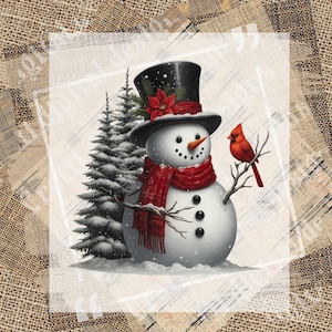 May include: A whimsical snowman illustration. The snowman wears a black top hat with a red poinsettia, a red scarf, and has a carrot nose. A red cardinal perches on a branch. A snow-covered evergreen tree is to the left.