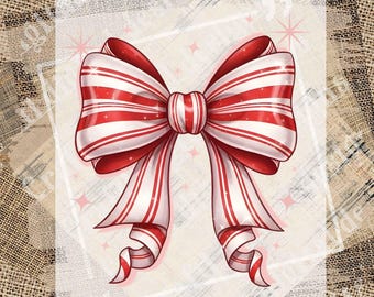 Candy Cane Coquette Bow PNG Red and White Christmas Ribbon Bow Graphic Cute Holiday Shirt Design Festive Coquette Aesthetic Digital Download