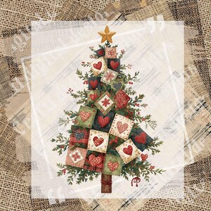 May include: A Christmas tree illustration with square ornaments featuring hearts and other patterns. The tree is topped with a gold star and set against a textured background. The ornaments are red, green, and white.