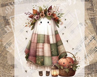 Pode incluir: Uma ilustração fantasiosa de uma figura fantasmagórica adornada com uma coroa floral e um vestido de retalhos em tons de rosa, verde e creme. A figura segura uma cesta com abóboras e uma lanterna, evocando um tema de outono ou Halloween.