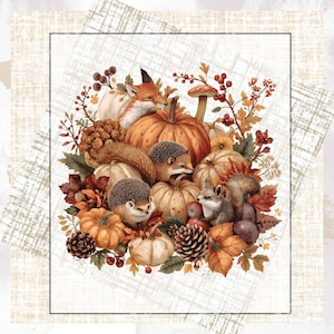 May include: A watercolor illustration featuring a fox, squirrels, and hedgehogs nestled among pumpkins, fall leaves, berries, and pinecones. The color palette includes warm oranges, browns, and creams, evoking a harvest theme.