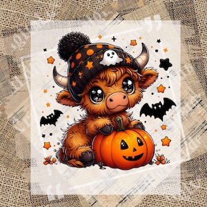 Cute Baby Highland Cow Pumpkin Ghost Bats PNG, Fall Vibes PNG, Autumn, Cow Png, Cozy, Halloween, Sublimation, Digital Download