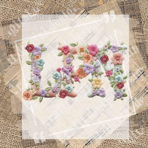 Può includere: Monogramma floreale con le lettere "L" e "M" in un design decorativo. Le lettere sono adornate da una varietà di fiori colorati nelle tonalità del rosa, viola, arancione e giallo, con foglie verdi. Lo sfondo ha un'estetica vintage strutturata.