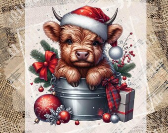 Christmas Baby Highland Cow PNG, Cute Santa Hat Calf with Ornaments & Holiday Decor, Christmas T-Shirt, Digital Download, Sublimation PNG