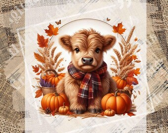 Autumn Baby Highland Cow PNG, Fall Highland Cow with Pumpkins, Cozy Plaid Scarf Farm Animal Sublimation, Rustic DTF Print Download
