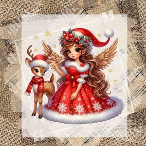 May include: A digital illustration of a Christmas angel and a reindeer. The angel wears a red dress with white trim and snowflake details, a Santa hat, and has feathered wings. The reindeer wears a Santa hat and a red scarf.