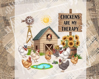 Chickens Are My Therapy V2 PNG Farmhouse Chicken Coop with Sunflowers and Country Barn Graphic Rustic Farm Life Design Digital Download