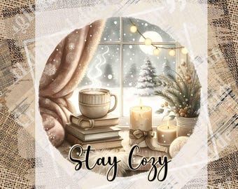 Blijf gezellig png, winterraamscène met kaarsen, koffieboeken en sneeuw, gezellig hygge-kerstontwerp, sublimatie, digitale download, png