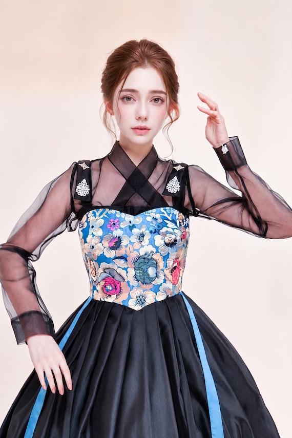 Blue Silk Jacquard Hanbok Corset Top, Korean K-Fashion Bustier