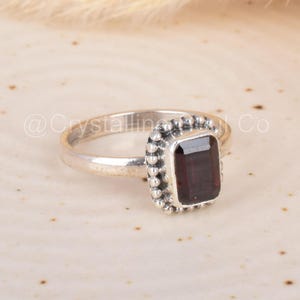 Garnet Baguette Ring | 925 Silver Handmade Dainty Boho Gemstone Ring | January Birthstone Gift for Her