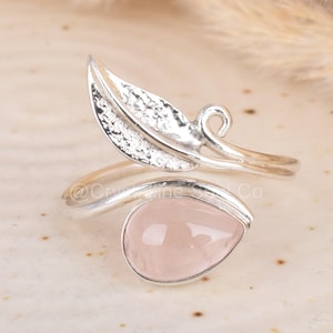 Rose Quartz Gemstone Leaf Ring Handmade 925 Silver Ring, Boho Nature-Inspired Jewelry, Gift for Her