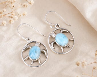 Larimar Gemstone Dangle Earrings Turtle Shape 925 Sterling Silver Ocean Jewelry Gift