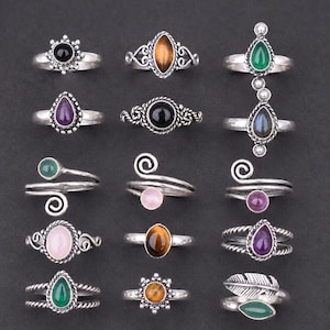 Wholesale 925 Sterling Silver Plated Gemstone Rings, Assorted Boho Styles Bulk Jewelry